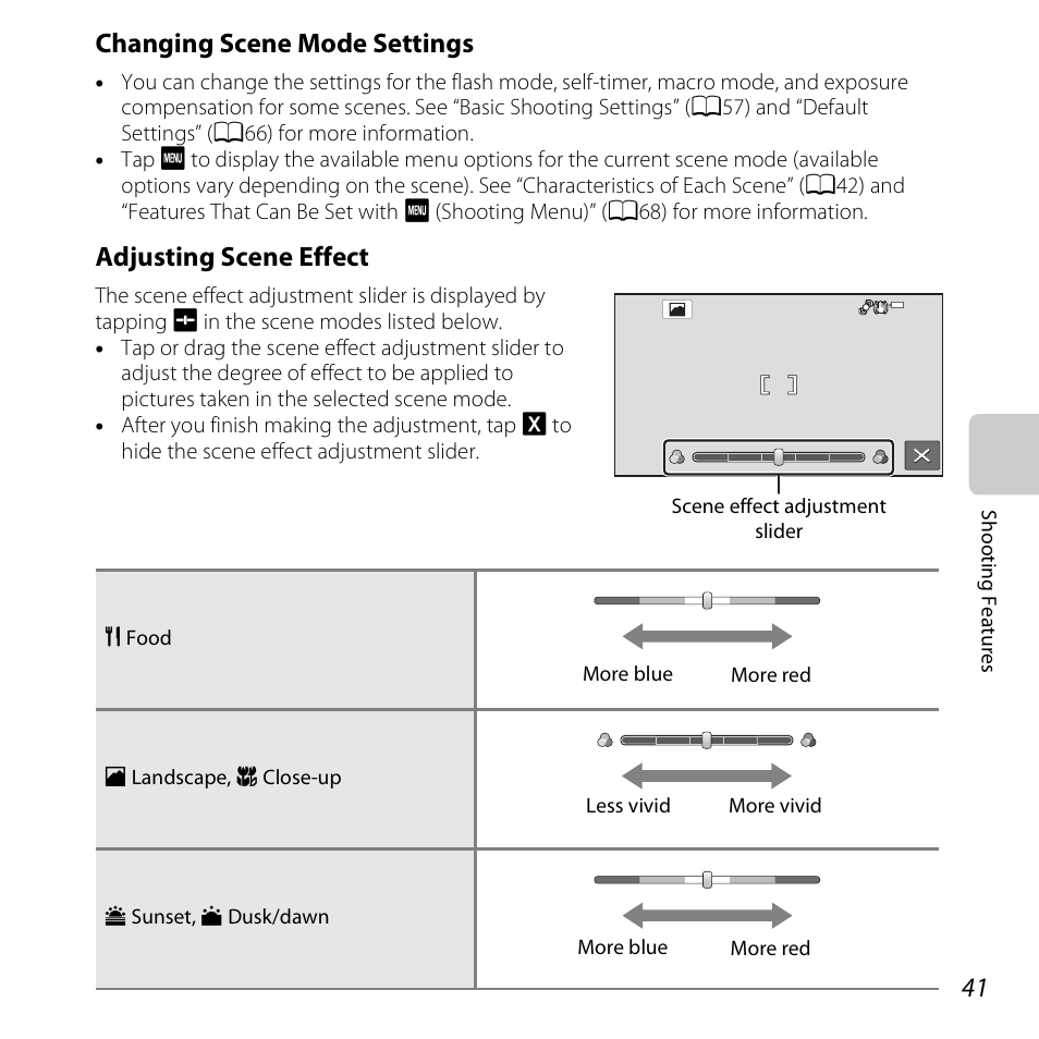 Changing scene mode settings, Adjusting scene effect | Nikon S6400 User Manual | Page 59 / 280