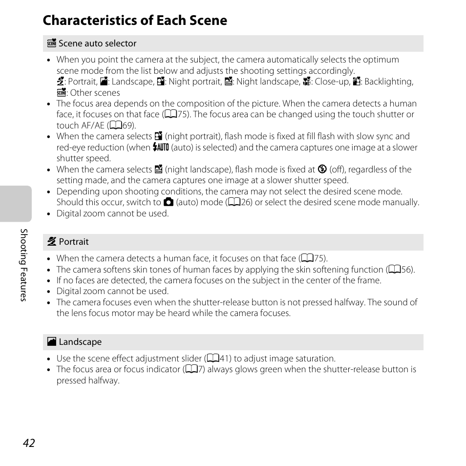 Characteristics of each scene, A42) | Nikon S6400 User Manual | Page 60 / 280