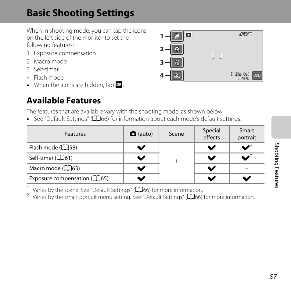 Basic shooting settings, Available features, A57) for | E “basic shooting settings, A57) an | Nikon S6400 User Manual | Page 75 / 280