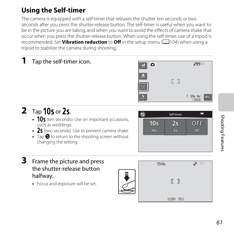 Using the self-timer, See “using the self-timer, A61) | Tap the self-timer icon, Tap y or z | Nikon S6400 User Manual | Page 79 / 280