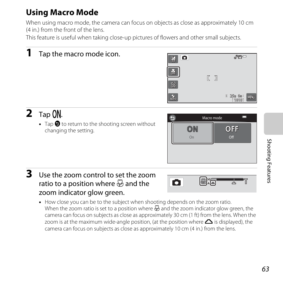 Using macro mode, See “using macro mode, A63) fo | A63) is, A63), Tap the macro mode icon, Tap o | Nikon S6400 User Manual | Page 81 / 280