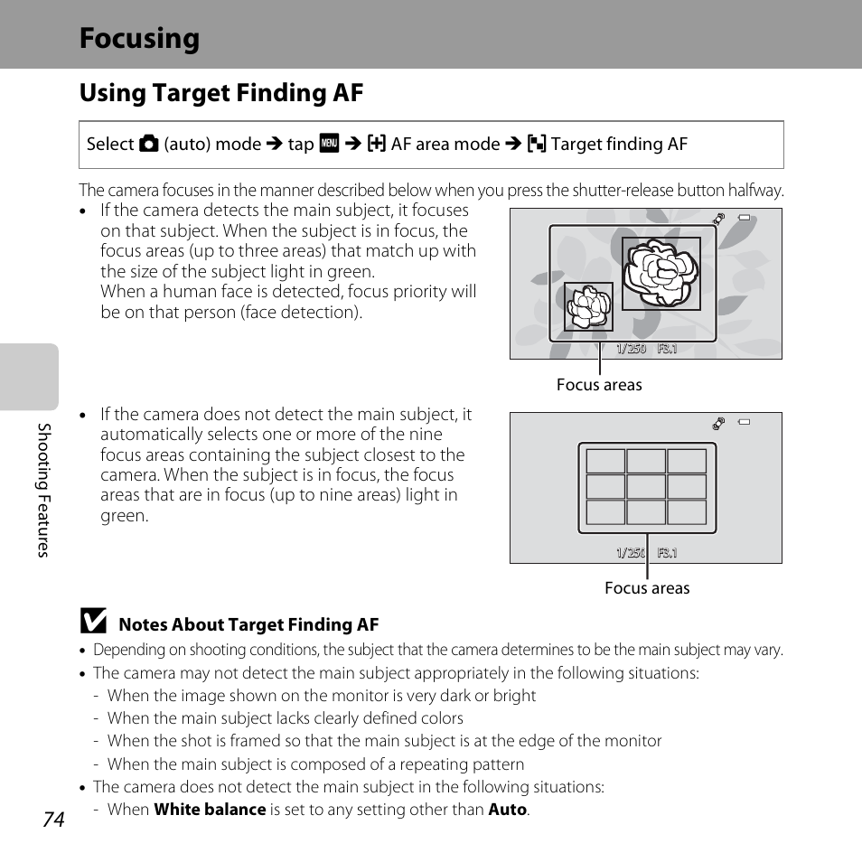 Focusing, Using target finding af, A 74 | A74) for, A74) | Nikon S6400 User Manual | Page 92 / 280