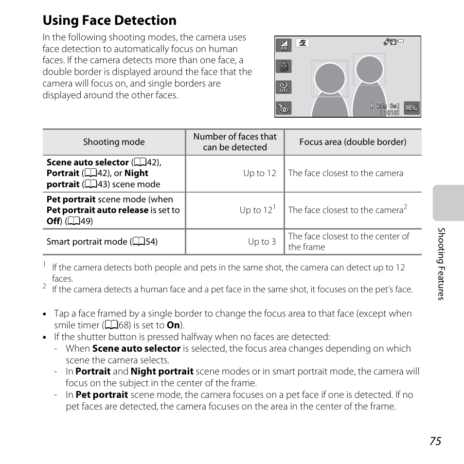 Using face detection, A75) o, A75) | E “using face detection | Nikon S6400 User Manual | Page 93 / 280