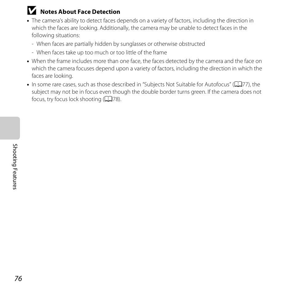 See “notes about face detection, A76) for m | Nikon S6400 User Manual | Page 94 / 280