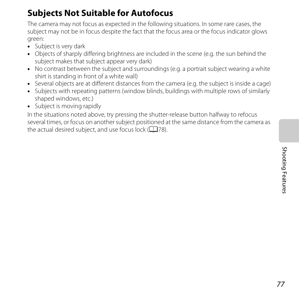 Subjects not suitable for autofocus, See “subjects not suitable for autofocus, A77) | Nikon S6400 User Manual | Page 95 / 280