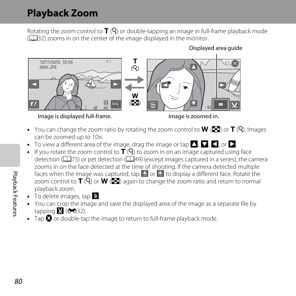 Playback zoom, Zoom, See “playback zoom | A80) for m | Nikon S6400 User Manual | Page 98 / 280