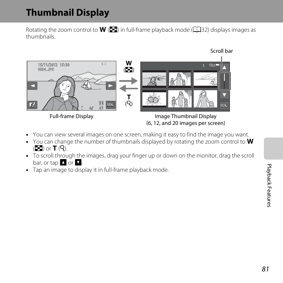 Thumbnail display, A81), See “thumbnail display | A81) f | Nikon S6400 User Manual | Page 99 / 280