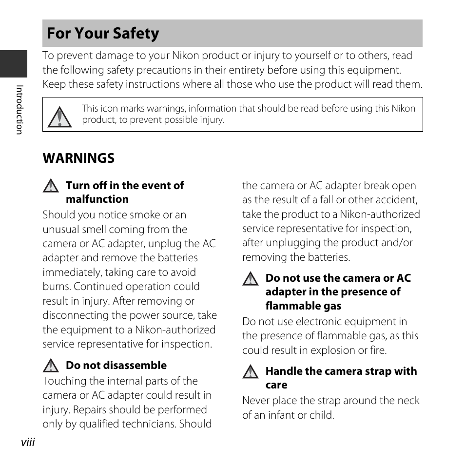 For your safety, Warnings | Nikon L830 User Manual | Page 10 / 204