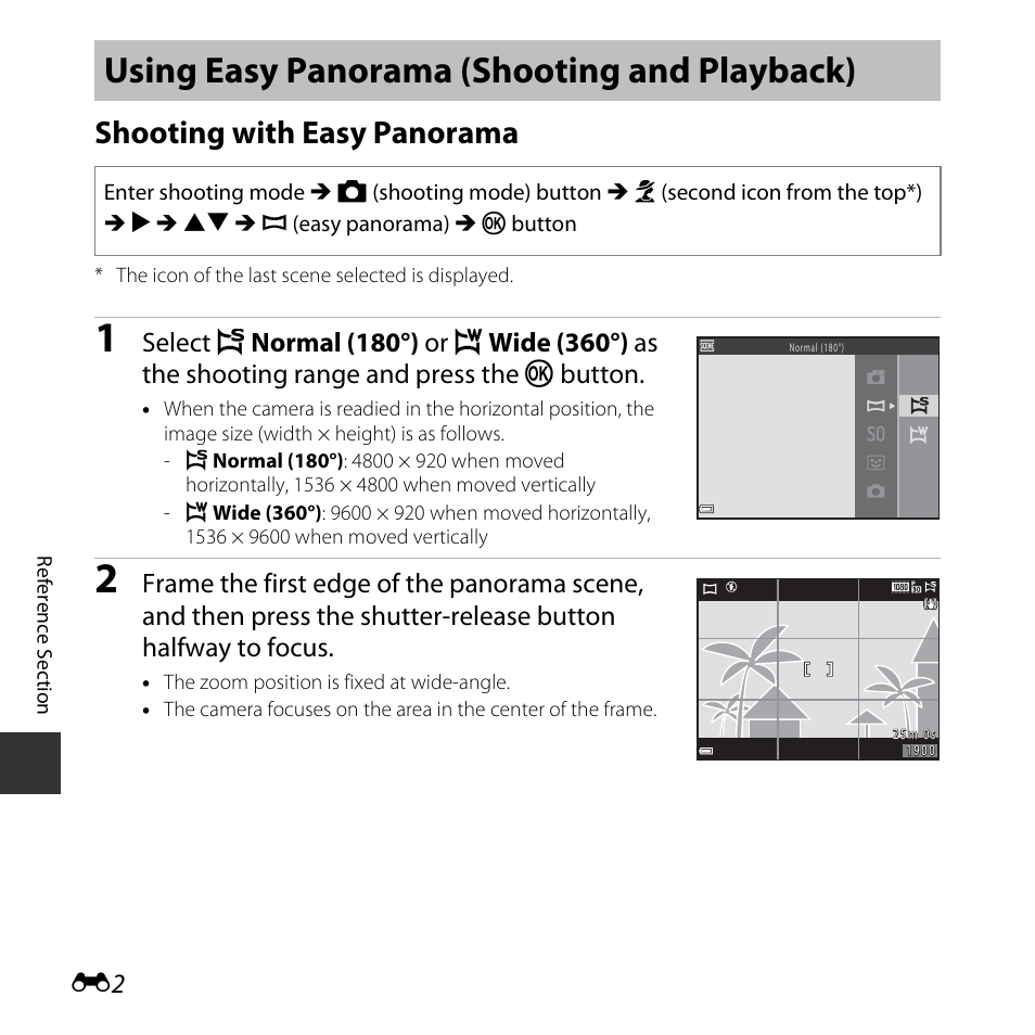 Using easy panorama (shooting and playback), Shooting with easy panorama | Nikon L830 User Manual | Page 102 / 204