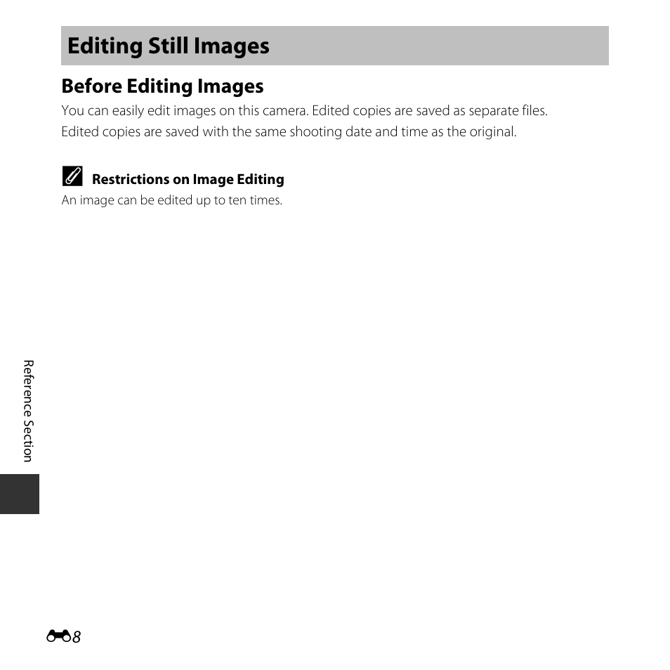 Editing still images, Before editing images | Nikon L830 User Manual | Page 108 / 204