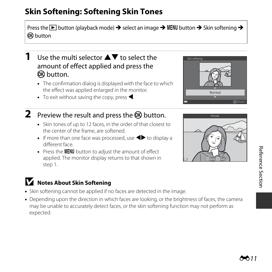 Skin softening: softening skin tones, E11), Preview the result and press the k button | Nikon L830 User Manual | Page 111 / 204
