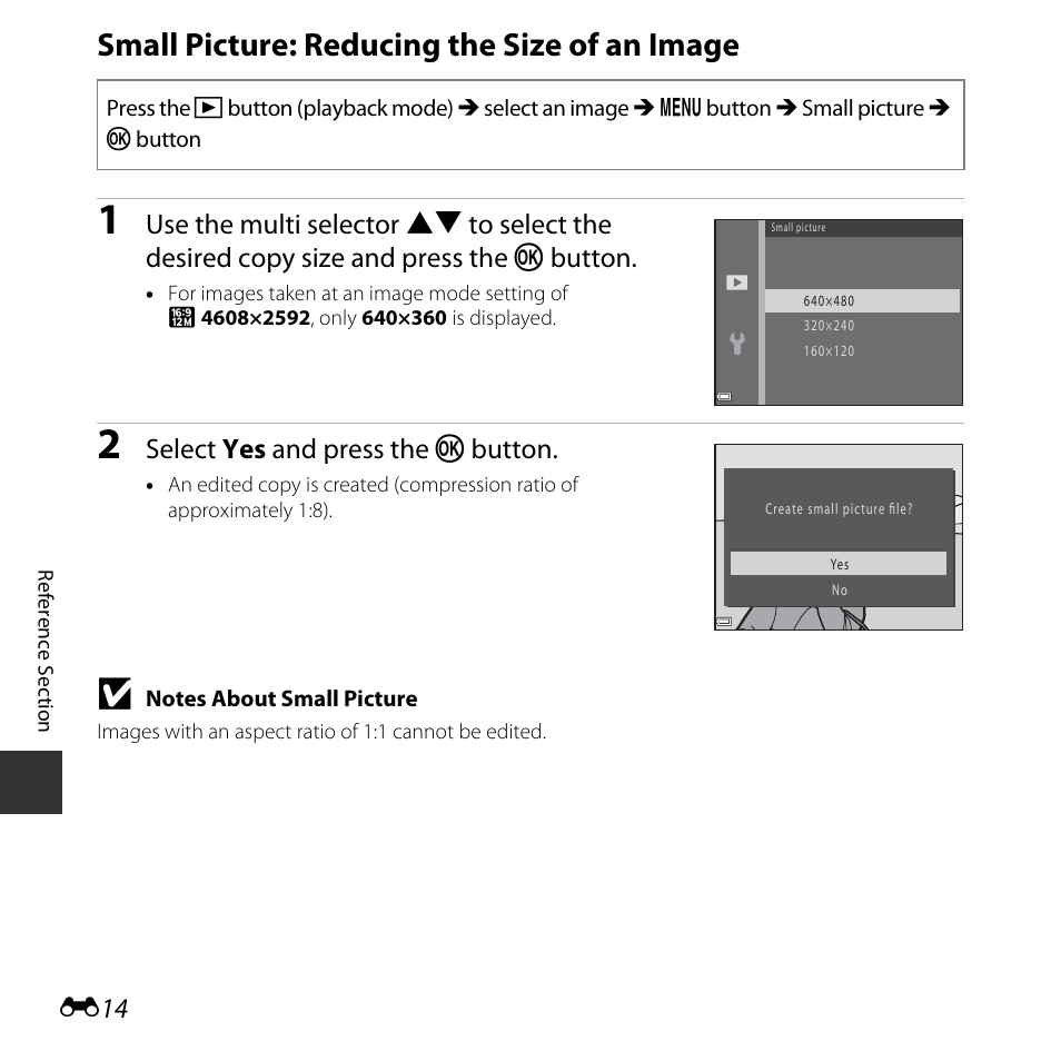 Small picture: reducing the size of an image, Select yes and press the k button | Nikon L830 User Manual | Page 114 / 204