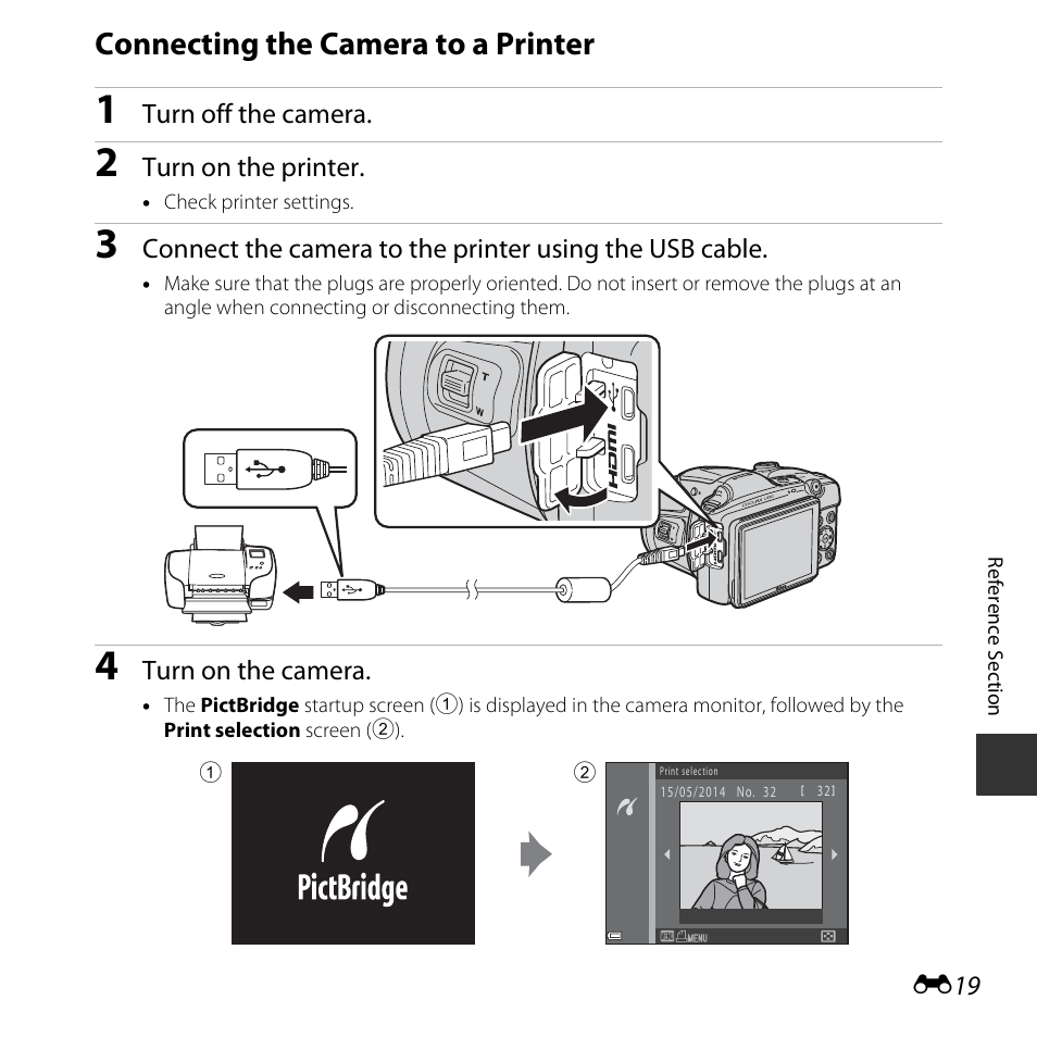 Connecting the camera to a printer, E19) | Nikon L830 User Manual | Page 119 / 204