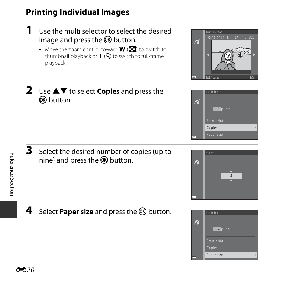 Printing individual images, E20), Use hi to select copies and press the k button | Select paper size and press the k button | Nikon L830 User Manual | Page 120 / 204