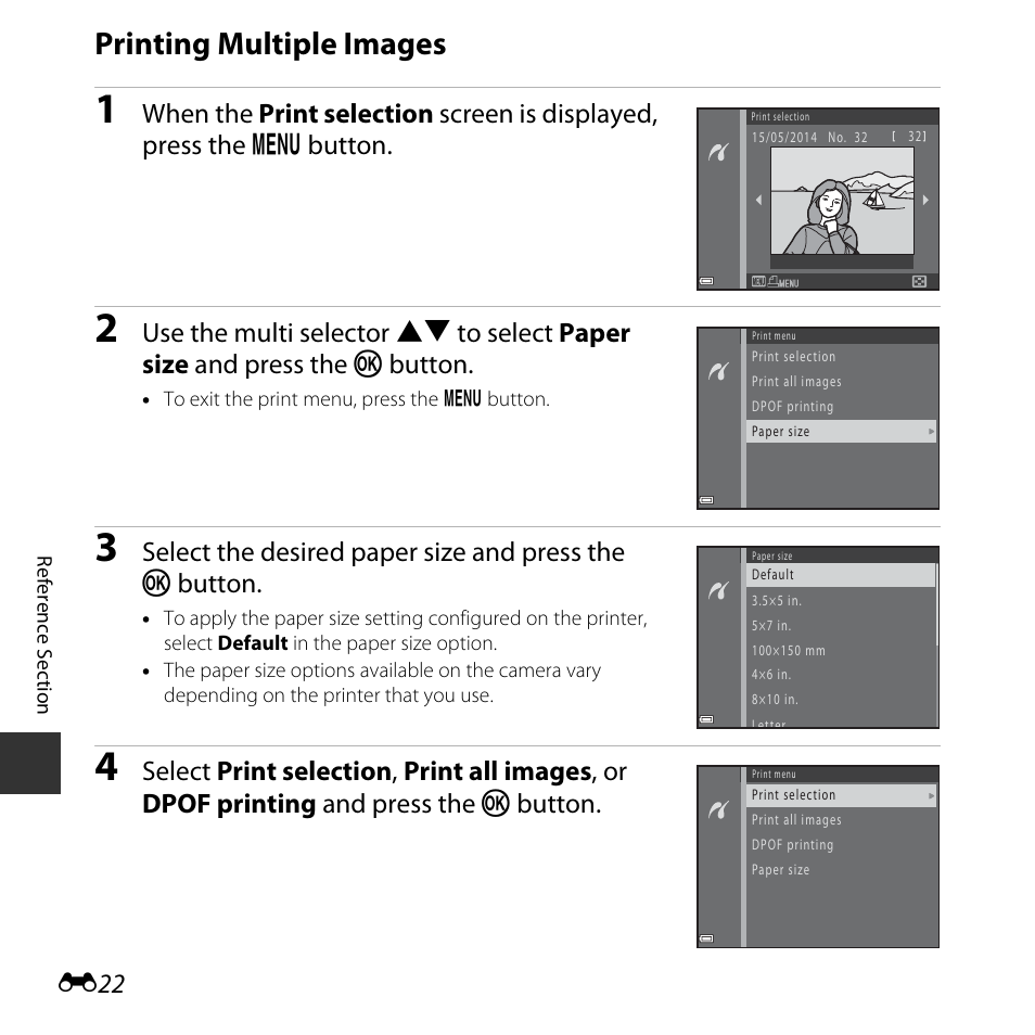 Printing multiple images, E22) | Nikon L830 User Manual | Page 122 / 204