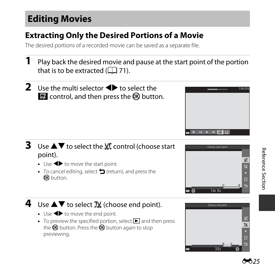 Editing movies, Extracting only the desired portions of a movie | Nikon L830 User Manual | Page 125 / 204