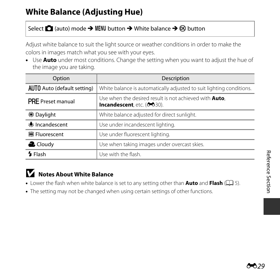 White balance (adjusting hue) | Nikon L830 User Manual | Page 129 / 204