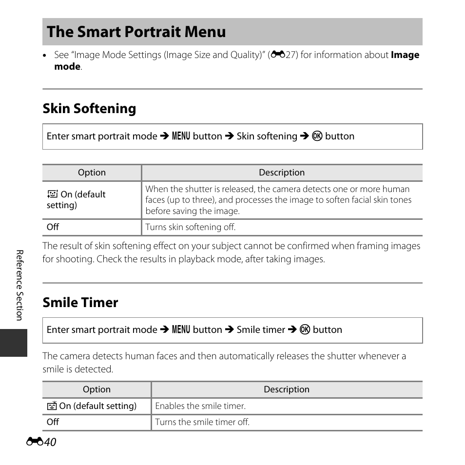 The smart portrait menu, Skin softening, Smile timer | Nikon L830 User Manual | Page 140 / 204