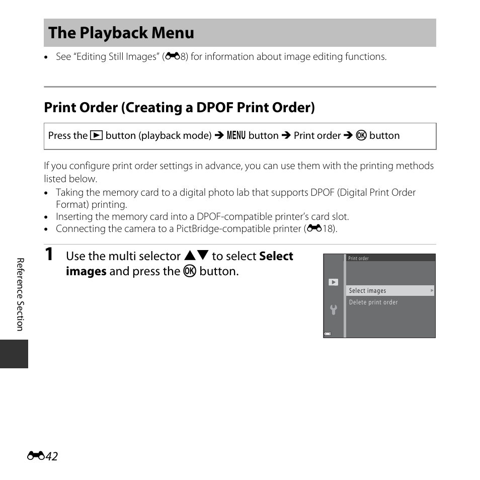 The playback menu, Print order (creating a dpof print order), E42) | Nikon L830 User Manual | Page 142 / 204