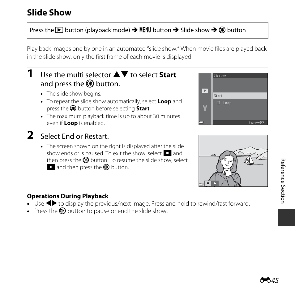 Slide show, Select end or restart | Nikon L830 User Manual | Page 145 / 204