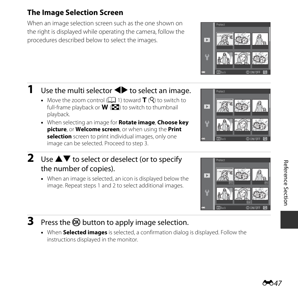 The image selection screen, Use the multi selector jk to select an image, Press the k button to apply image selection | Nikon L830 User Manual | Page 147 / 204