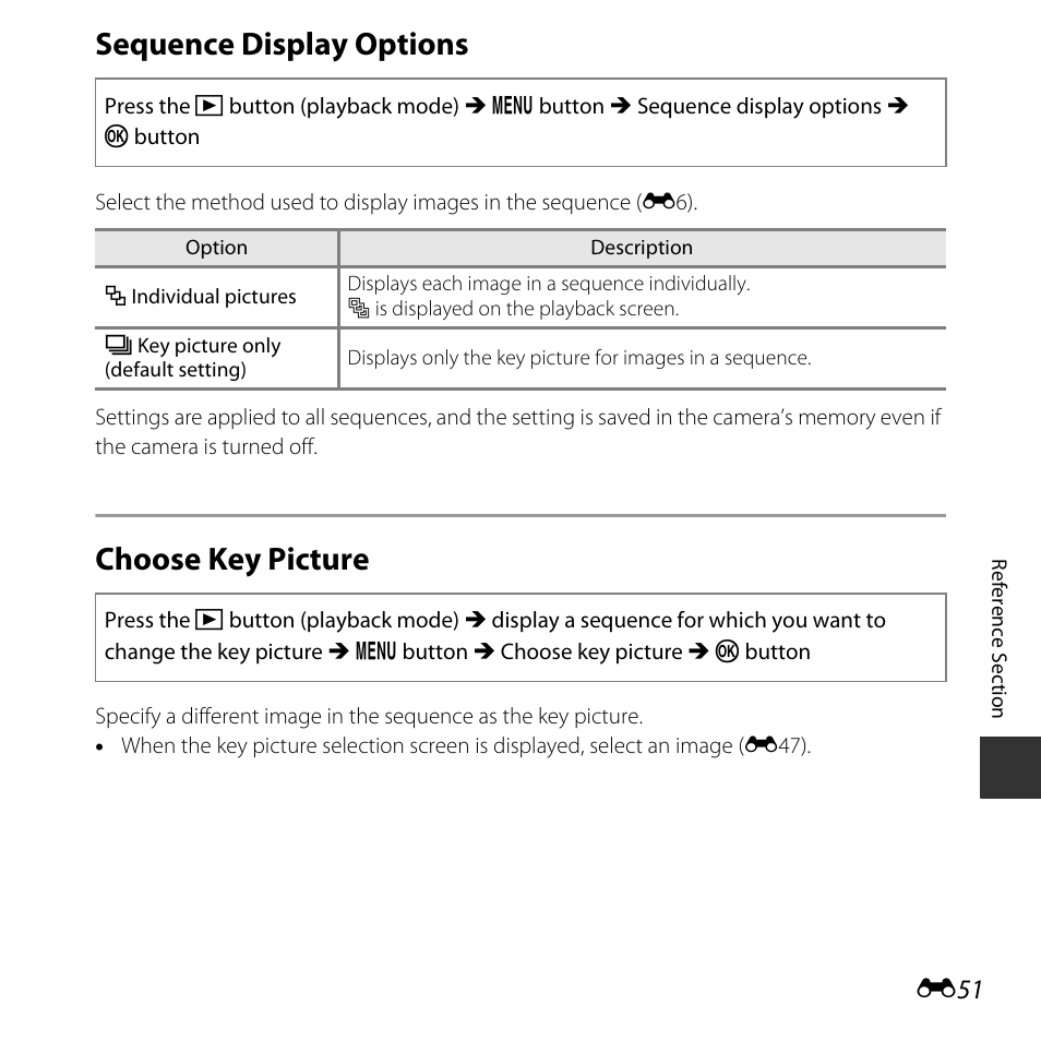 Sequence display options, Choose key picture | Nikon L830 User Manual | Page 151 / 204