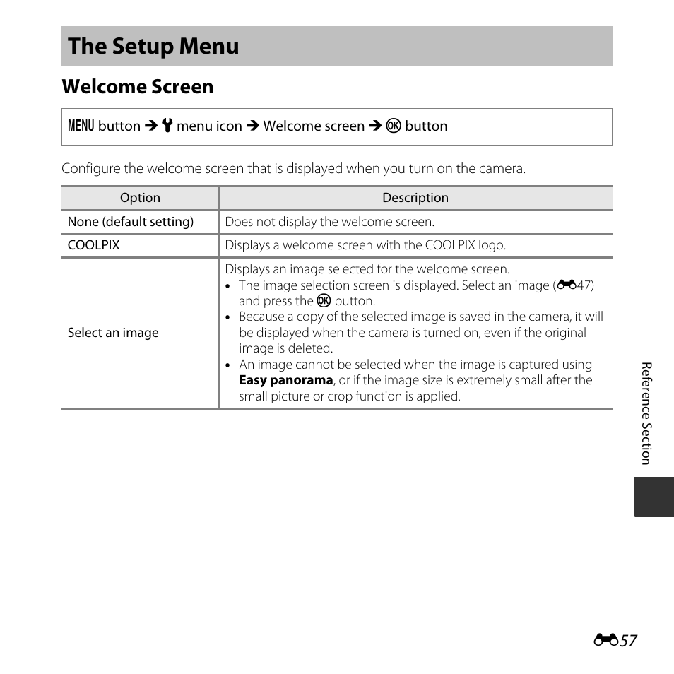 The setup menu, Welcome screen | Nikon L830 User Manual | Page 157 / 204