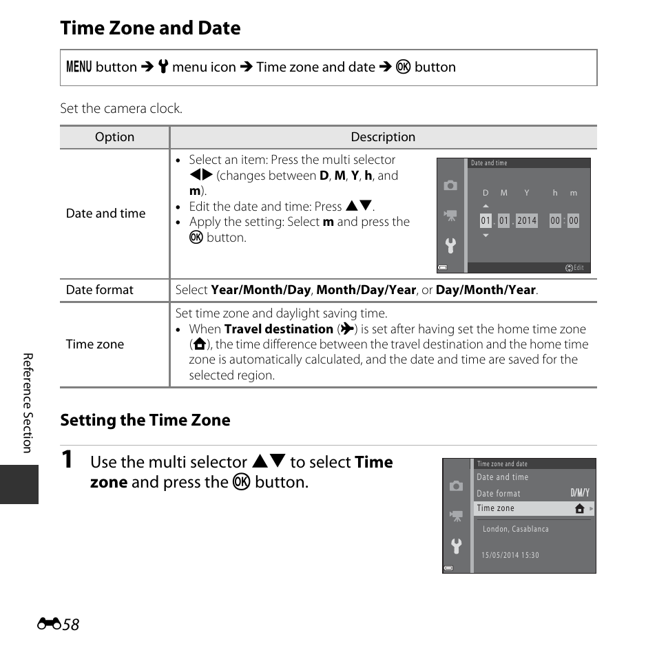 Time zone and date, Setting the time zone | Nikon L830 User Manual | Page 158 / 204