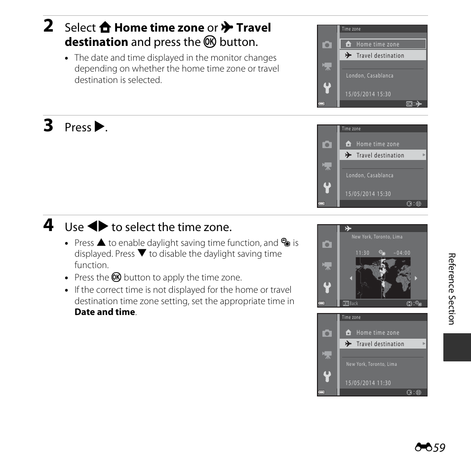 Press k, Use jk to select the time zone | Nikon L830 User Manual | Page 159 / 204