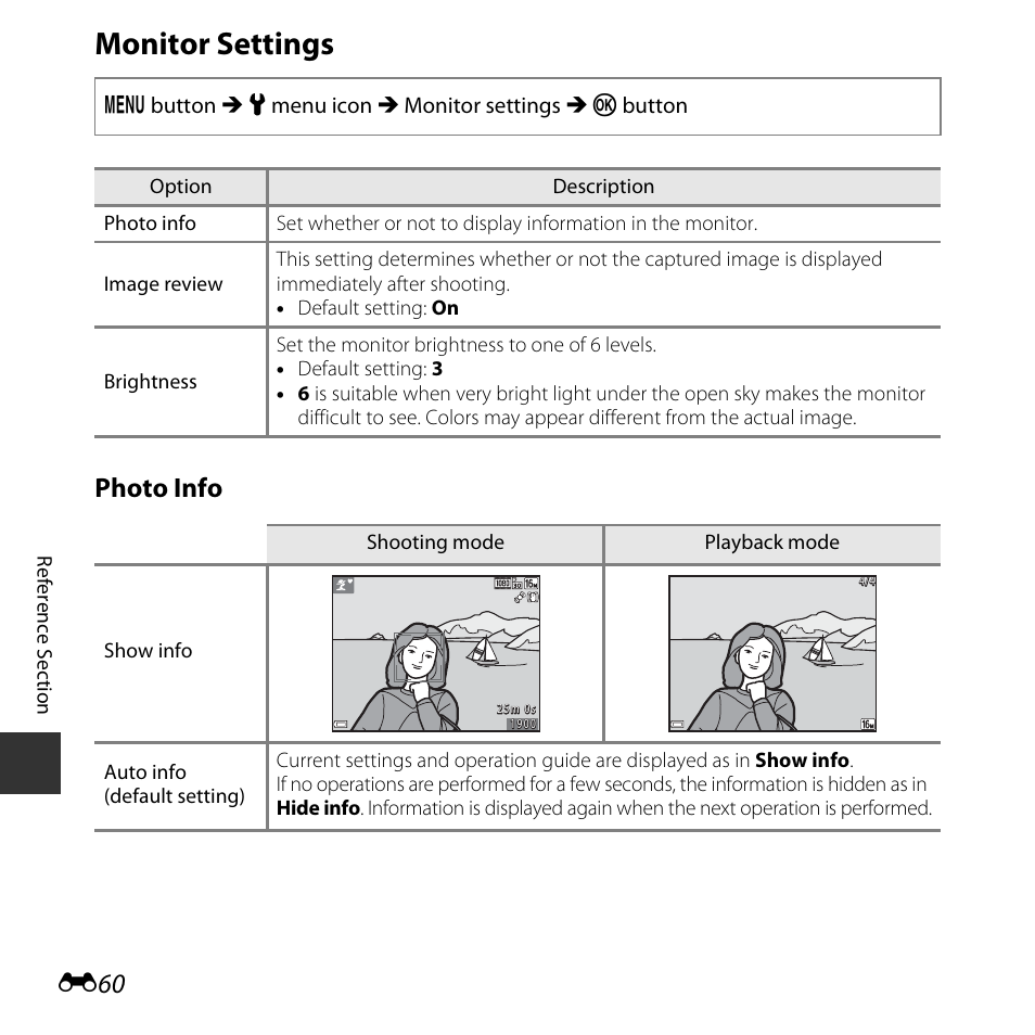Monitor settings, Photo info | Nikon L830 User Manual | Page 160 / 204