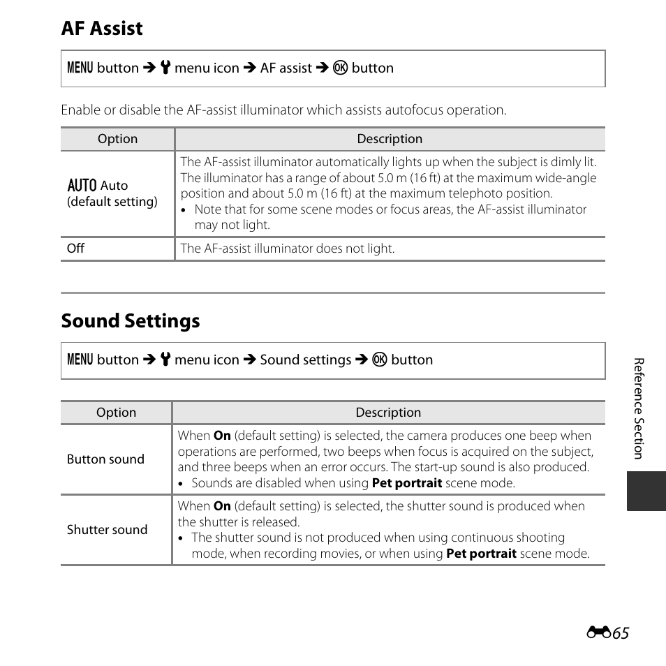 Af assist, Sound settings | Nikon L830 User Manual | Page 165 / 204