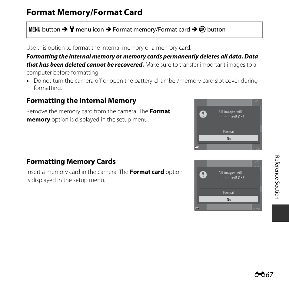 Format memory/format card | Nikon L830 User Manual | Page 167 / 204