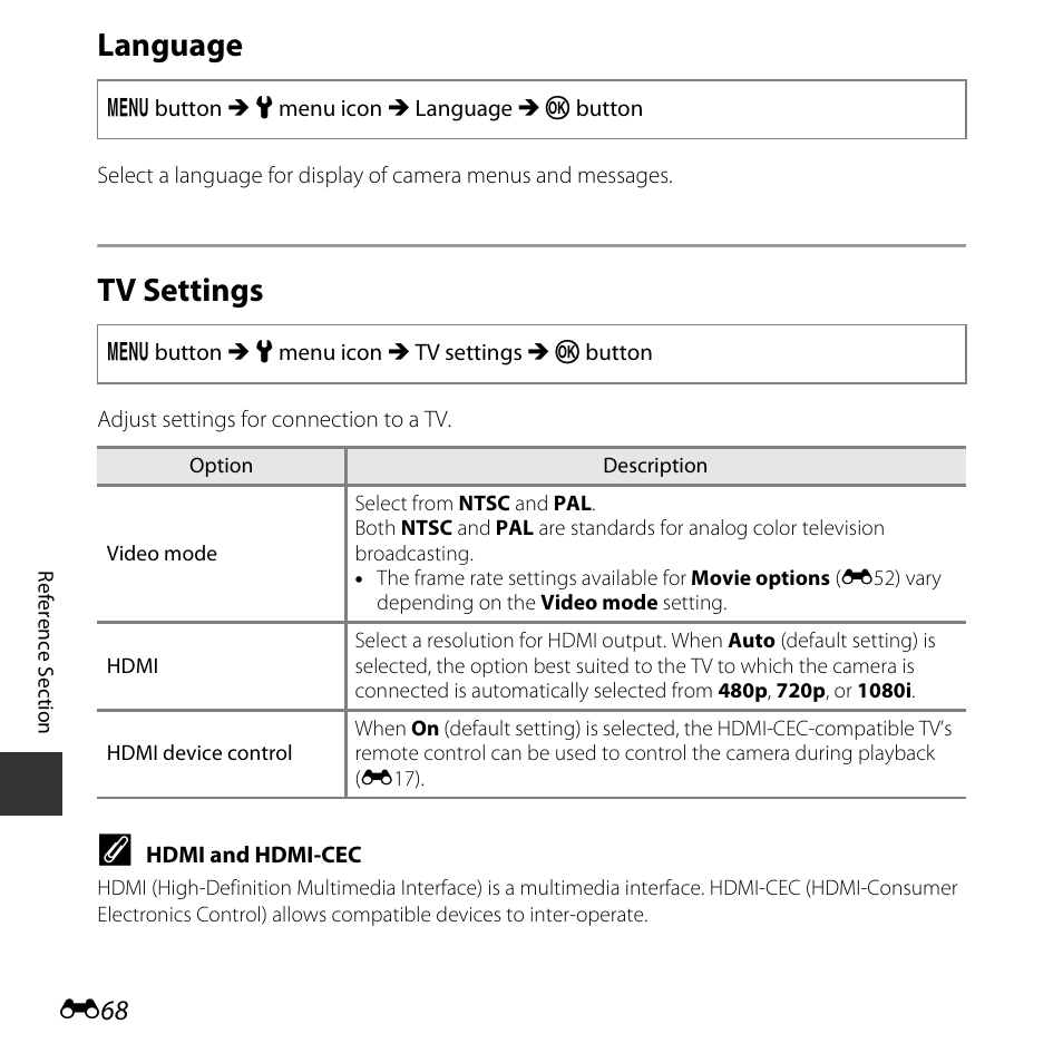 Language, Tv settings | Nikon L830 User Manual | Page 168 / 204