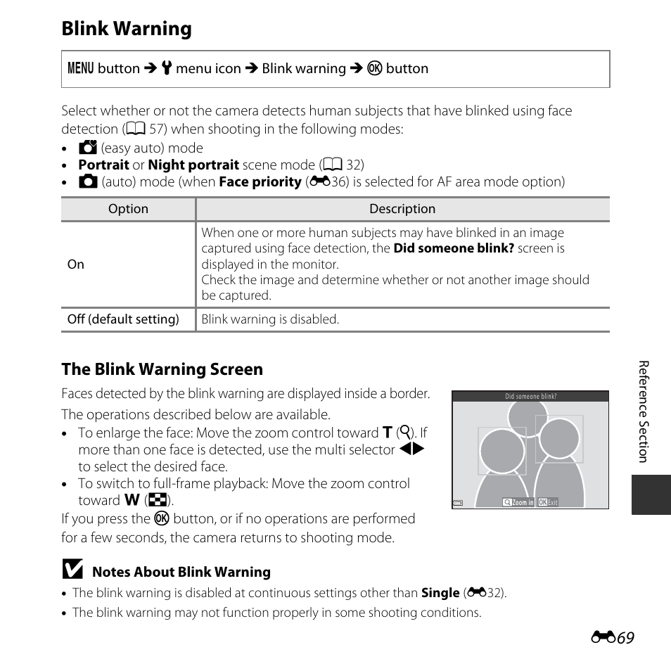 Blink warning, The blink warning screen | Nikon L830 User Manual | Page 169 / 204