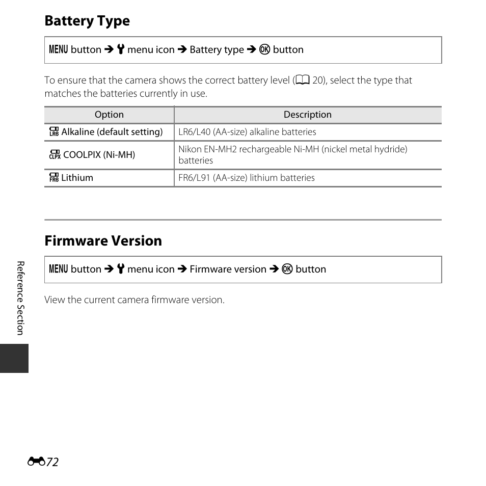 Battery type, Firmware version | Nikon L830 User Manual | Page 172 / 204