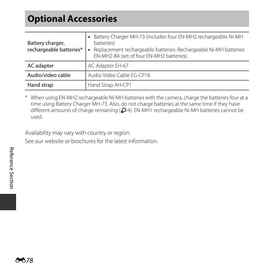Optional accessories, Mh-73 | Nikon L830 User Manual | Page 178 / 204