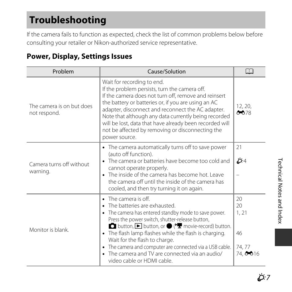 Troubleshooting, Power, display, settings issues | Nikon L830 User Manual | Page 185 / 204