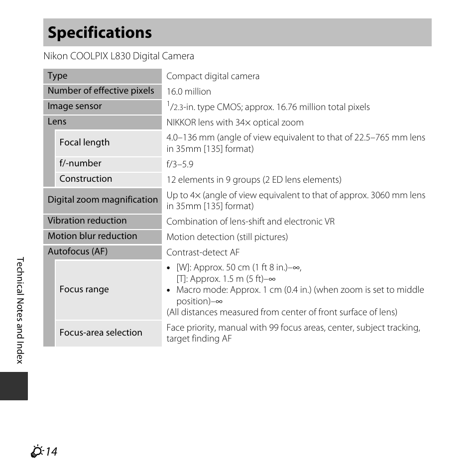 Specifications, F 14 | Nikon L830 User Manual | Page 192 / 204