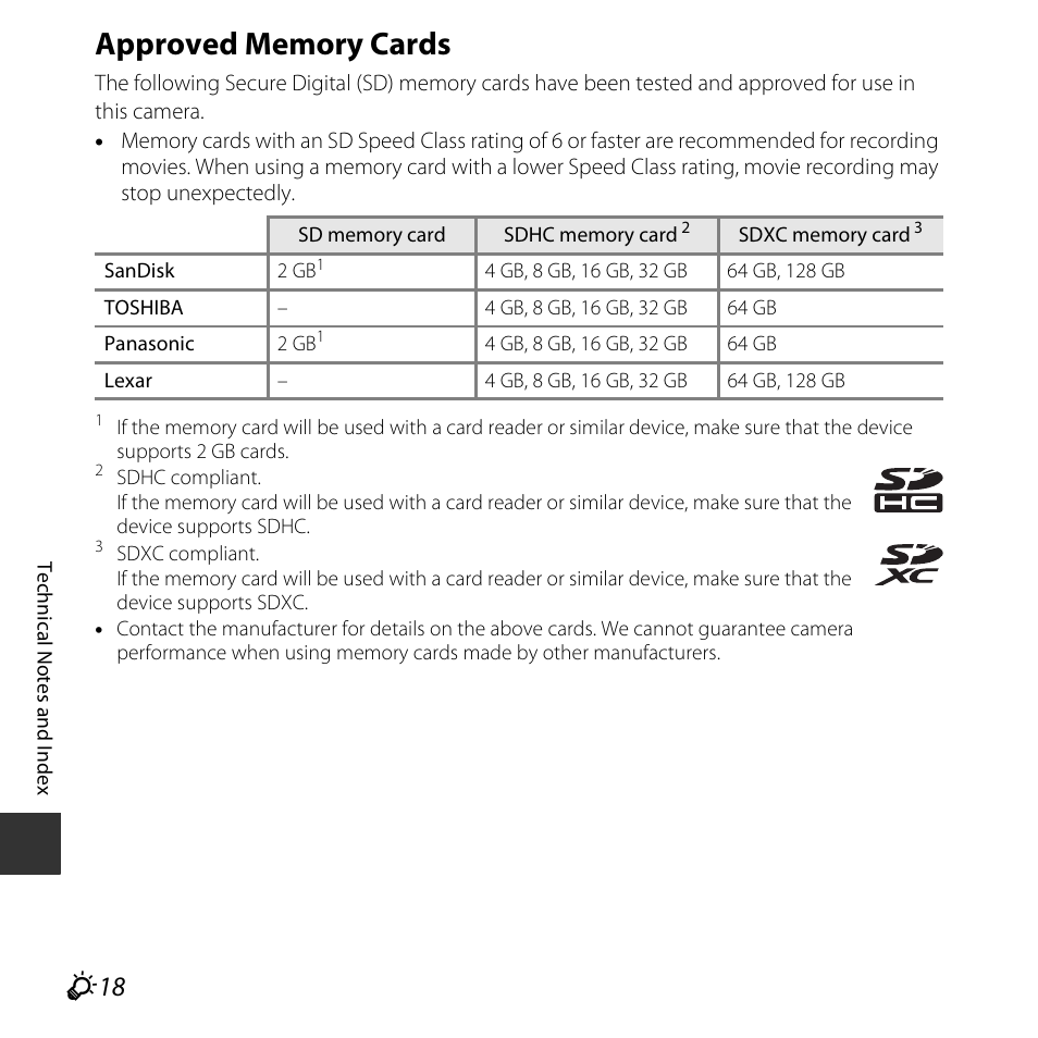 Approved memory cards, Cording movies, F18) | Nikon L830 User Manual | Page 196 / 204
