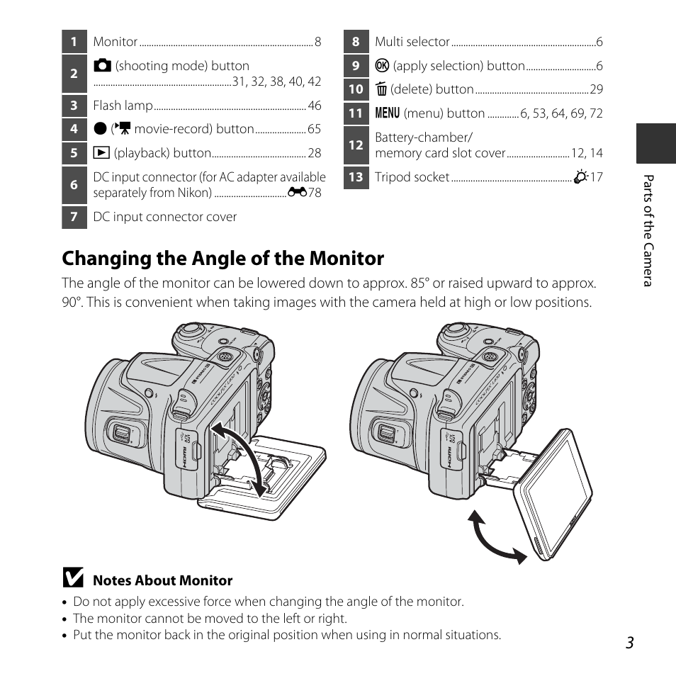 Changing the angle of the monitor | Nikon L830 User Manual | Page 23 / 204