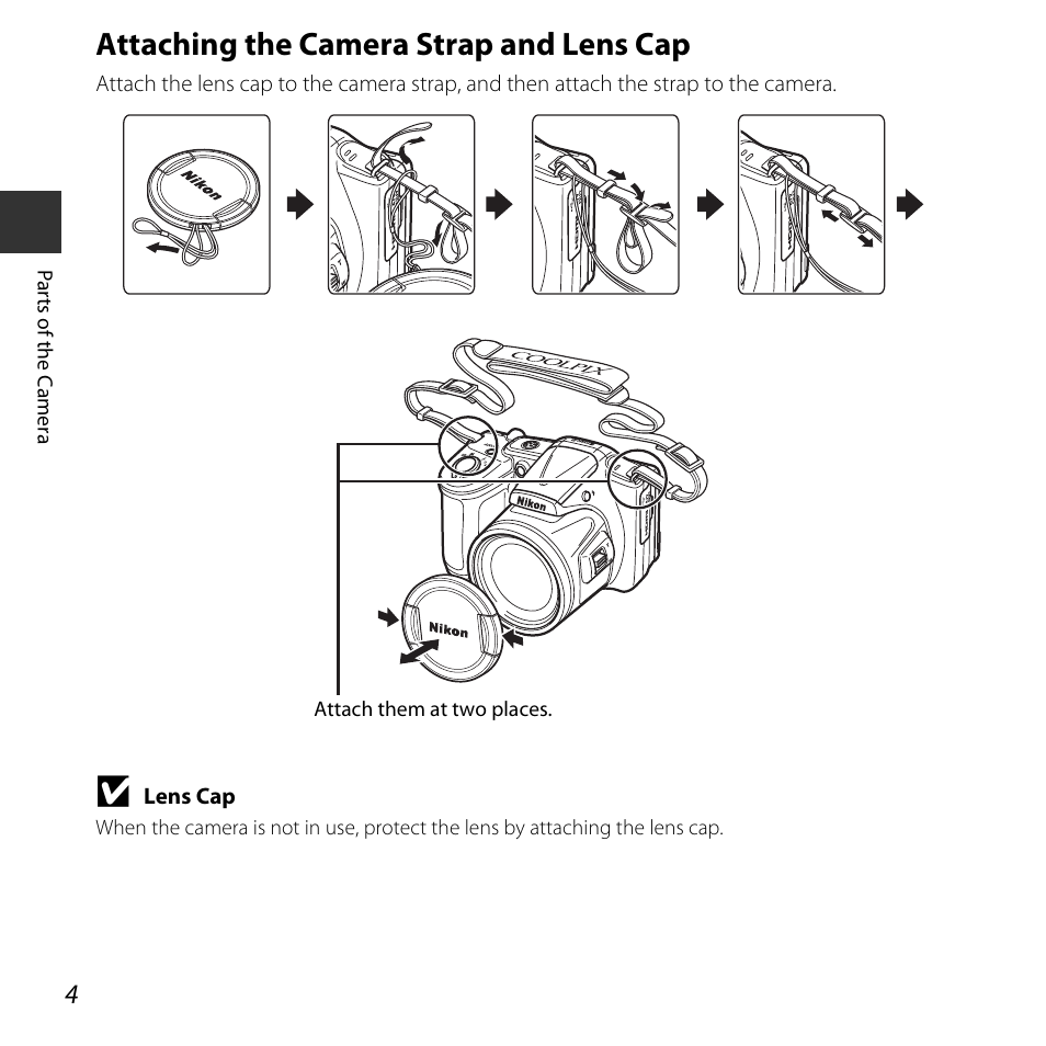 Attaching the camera strap and lens cap | Nikon L830 User Manual | Page 24 / 204