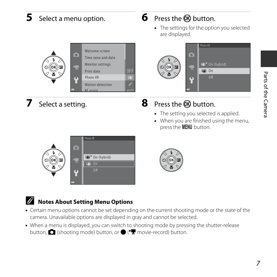 Select a menu option, Press the k button, Select a setting | Nikon L830 User Manual | Page 27 / 204