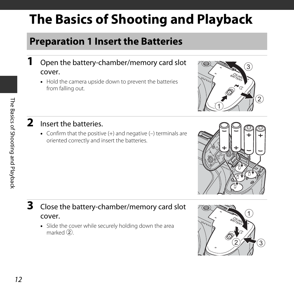 The basics of shooting and playback, Preparation 1 insert the batteries, A 12) | Nikon L830 User Manual | Page 32 / 204