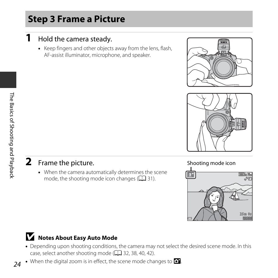 Step 3 frame a picture, Hold the camera steady, Frame the picture | Nikon L830 User Manual | Page 44 / 204