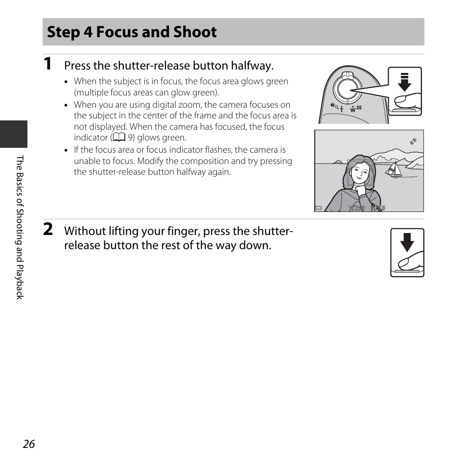 Step 4 focus and shoot, Press the shutter-release button halfway | Nikon L830 User Manual | Page 46 / 204
