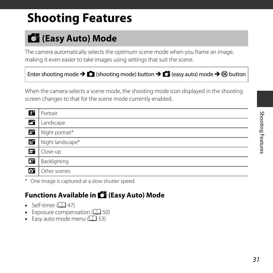 Shooting features, Easy auto mode, G (easy auto) mode | A 31 | Nikon L830 User Manual | Page 51 / 204