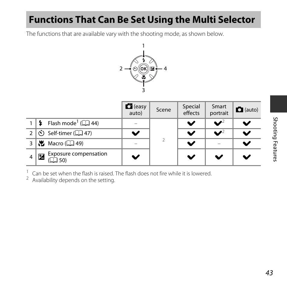 Functions that can be set using the multi selector | Nikon L830 User Manual | Page 63 / 204
