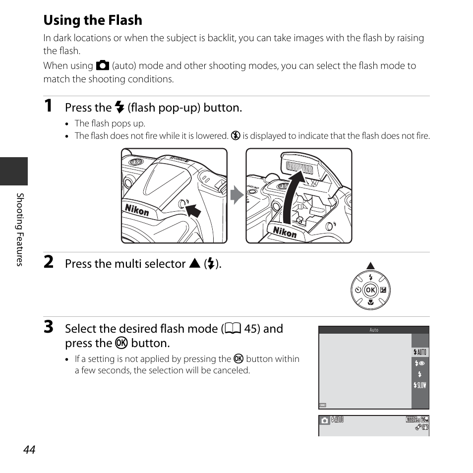 Using the flash, A 44) | Nikon L830 User Manual | Page 64 / 204