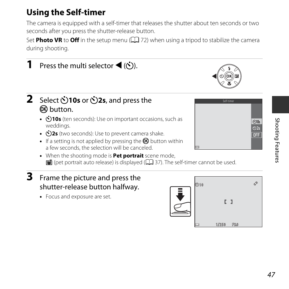 Using the self-timer, A 47), A 47 | Press the multi selector j (n), Select n 10s or n 2s , and press the k button | Nikon L830 User Manual | Page 67 / 204
