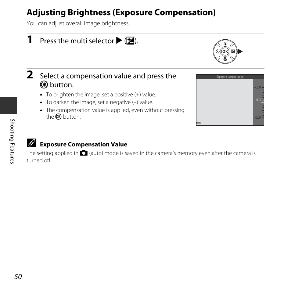 Adjusting brightness (exposure compensation), A 50) | Nikon L830 User Manual | Page 70 / 204